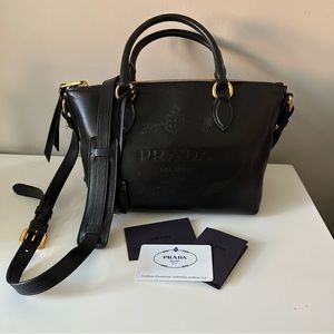 AUTH Prada crossbody Bag 1BA1111 Borsa a Mano Black Glace Calf Leather Embossed